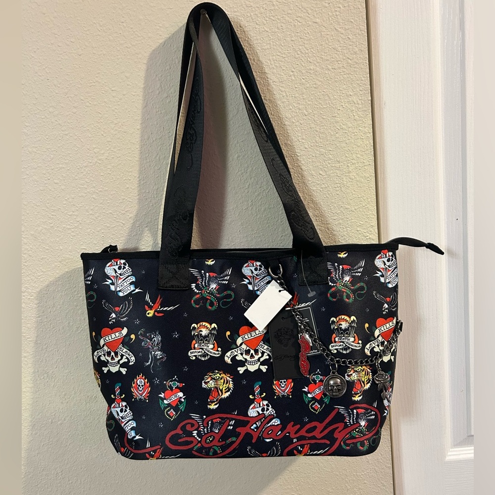 Ed Hardy Black Tote with Vibrant Tattoo Art